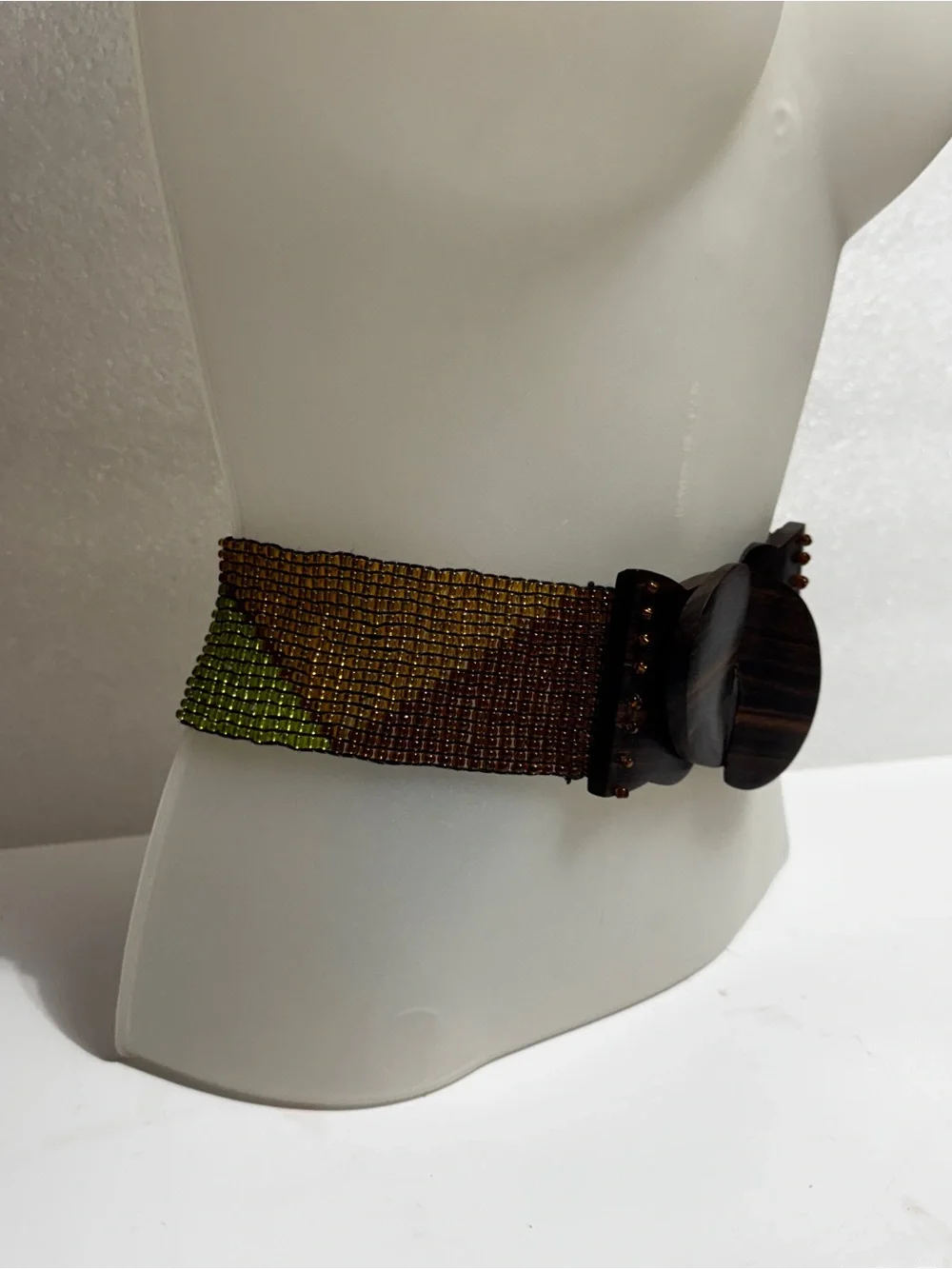 Beaded Multicolor Wide  Belt - Green, Brown, Gold Tones wood buckle